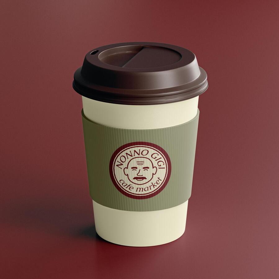 Mockup of a cream coloured coffee cup and a green sleeve with the Nonno Gigi logo.