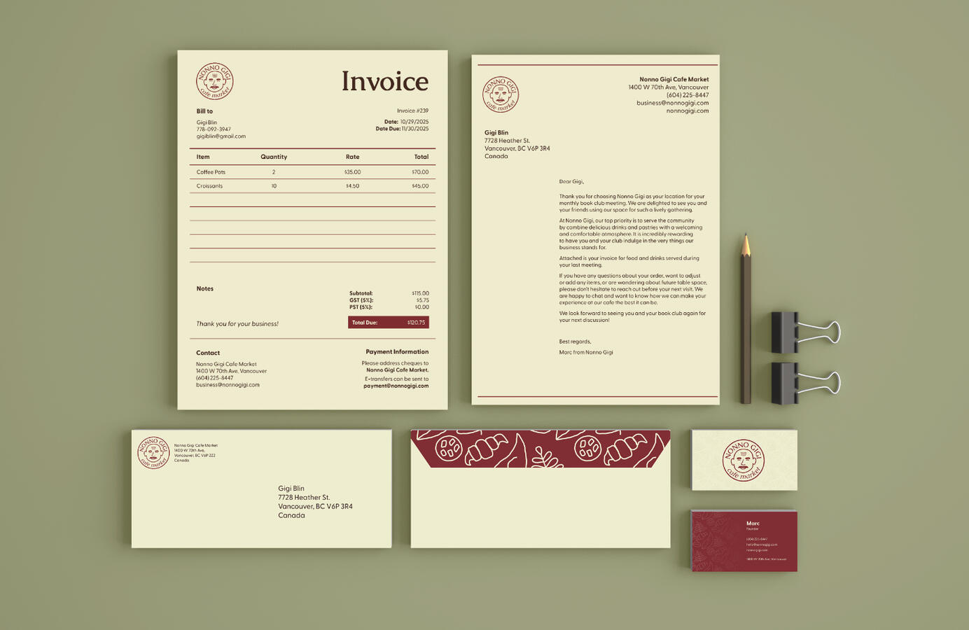 Nonno Gigi Stationary Mockup of an invoice, letterhead envelope and business card all with the Nonno Gigi logo.