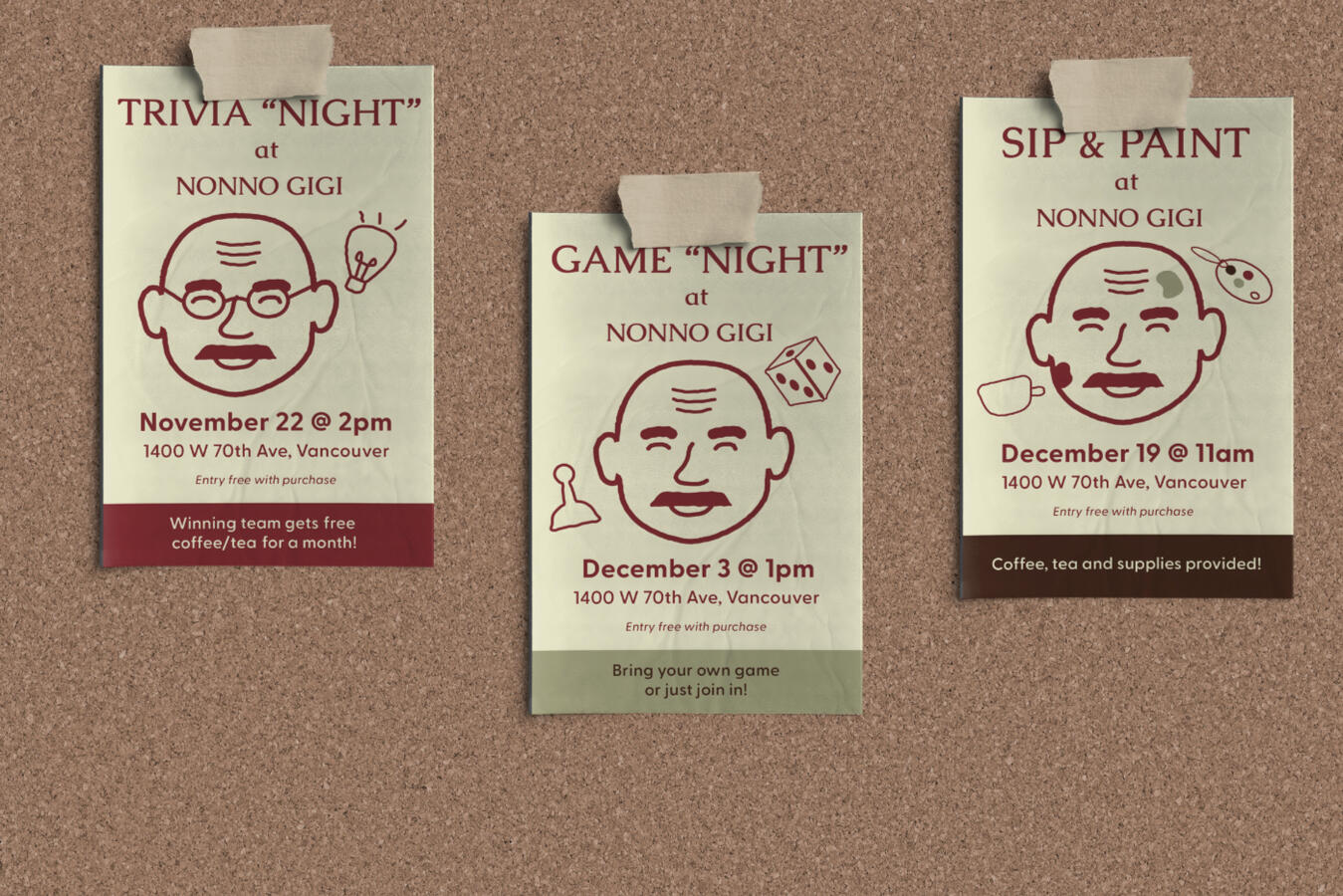 Nonno Gigi Posters Three posters on a cork board advertising Nonno Gigi events; Trivia night, game night and a sip and paint.