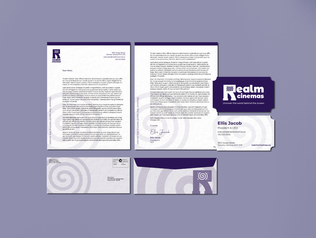 Stationary mcokups for Realm Cinemas. A letterhead, envelope and business card that is in the shape of a movie ticket.