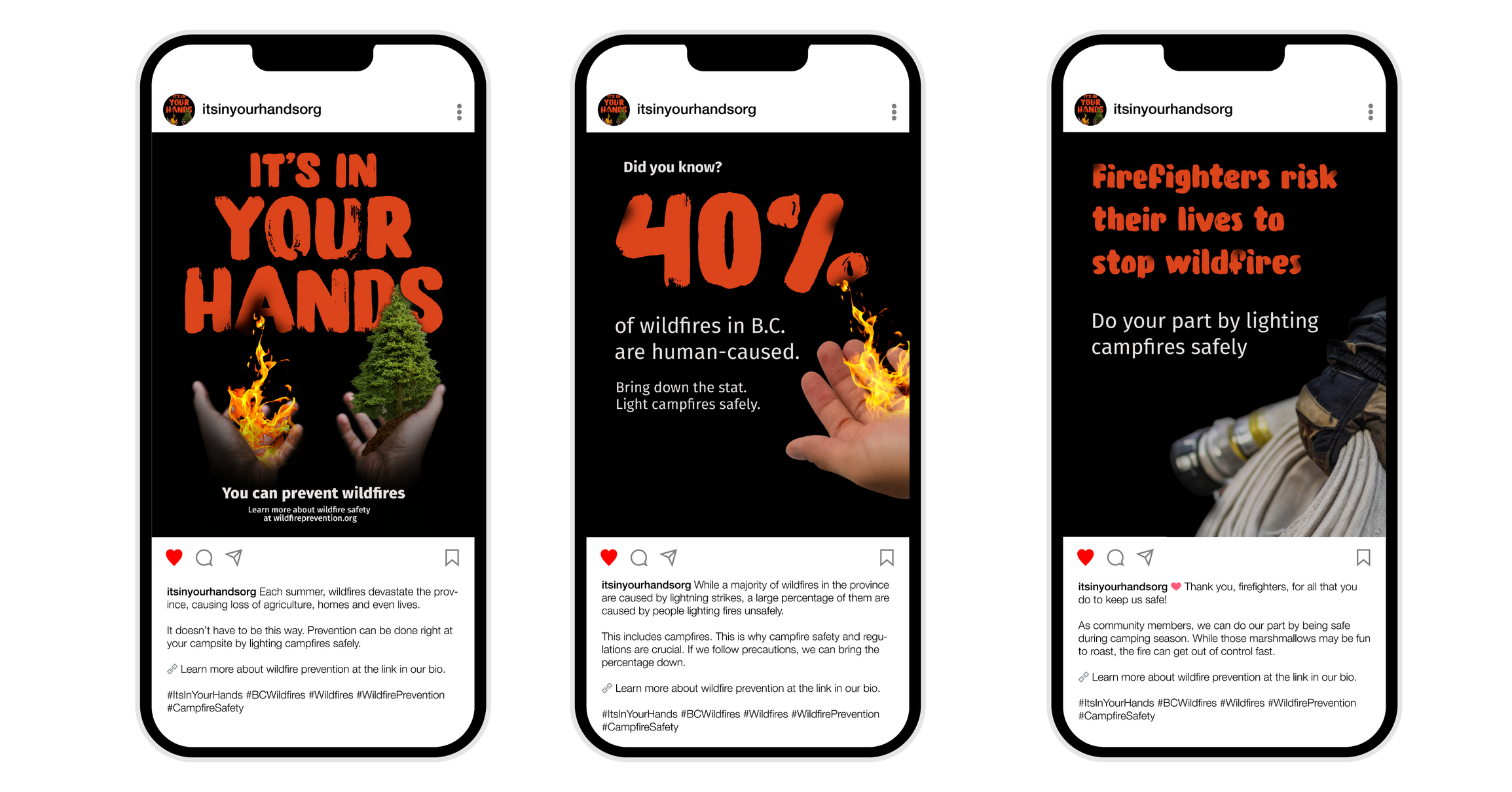 Mockups of social media posts for a campaign raising wildfire awareness.