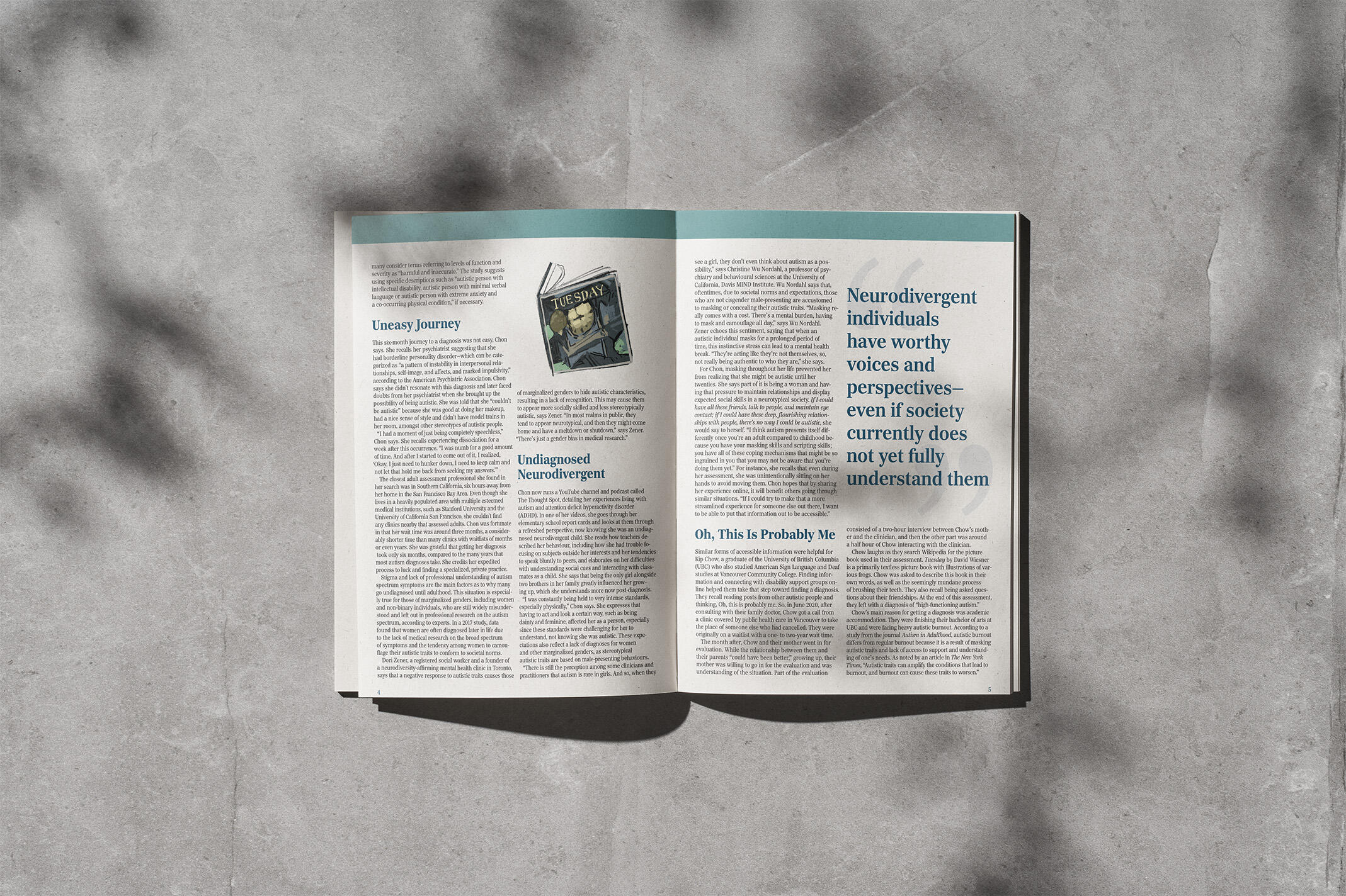 A magazine mockup with an ilustration of the book "Tuesday."