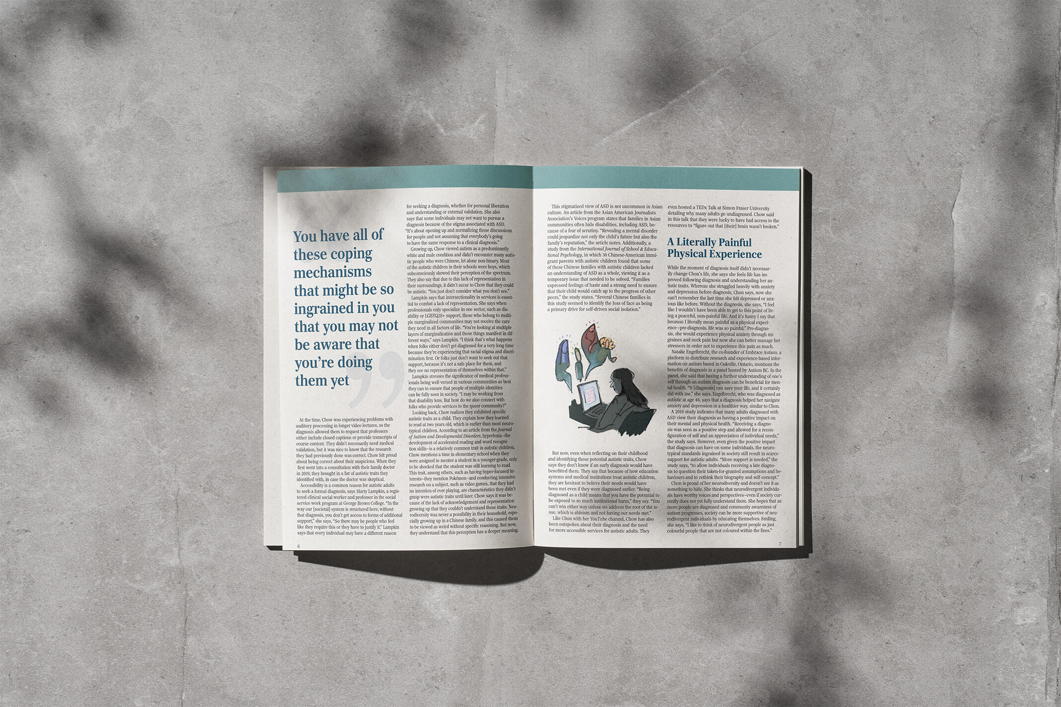 A magazine spread mockup with an illustration of a person at a laptop.