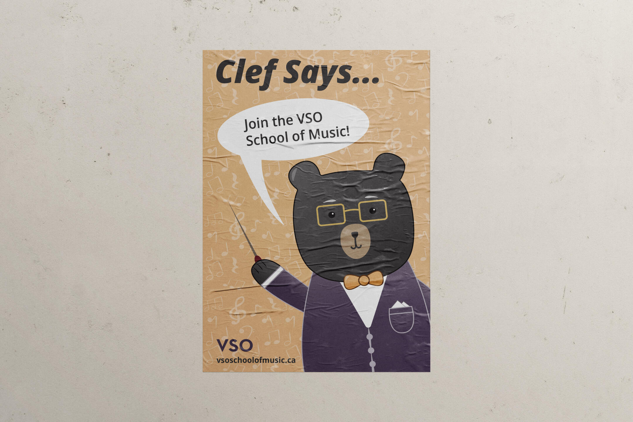 A poster advertising the Vancouver Symphony Orchestra's School of Music. An illustration of a black bear wearing a purple suit and gold glasses, holding a conductor's wand is saying "Join the VSO School of Music!"