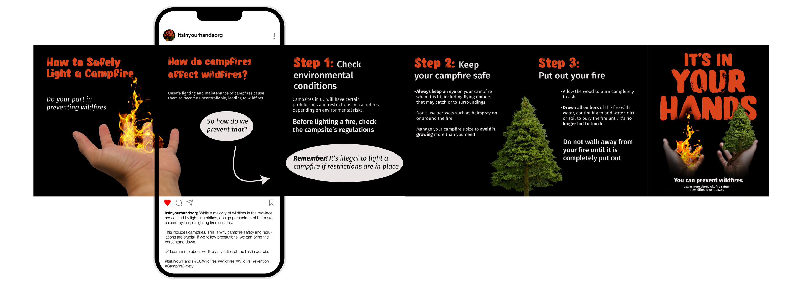 Phone mockup with a carousel social media post raising wildfire awareness about safely lighting campfires.