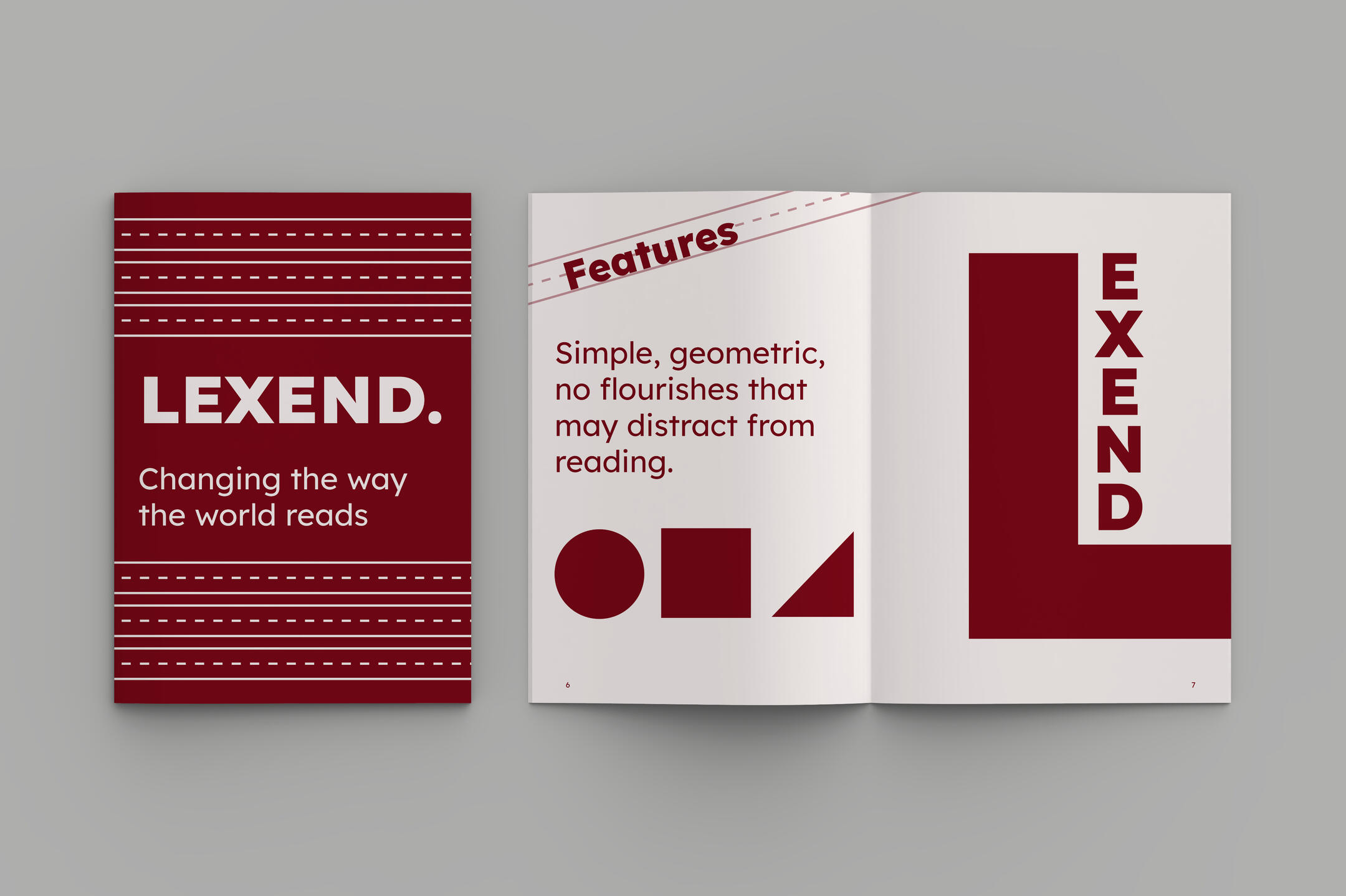 A mockup of a type specimen book for the typeface Lexend. A large L on the page and geometric shapes. (Simple, geometric, no flourishes that may distract from reading.)